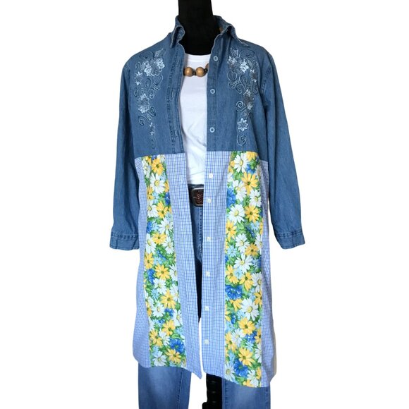 Patchwork Denim Duster, Size L: Upcycled Boho Layering Jacket, Spring Daisies - Picture 1 of 14
